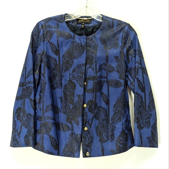 Escada Blue & Black Leather Jacket Feather Leaf Designer Luxury 2 XS 32 Colorful - Picture 1 of 16